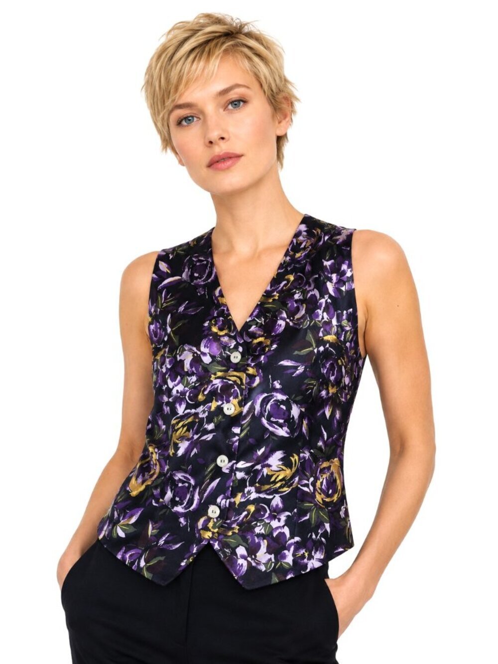 Votre Nom Black Purple Gold Floral Print Silk Vest
